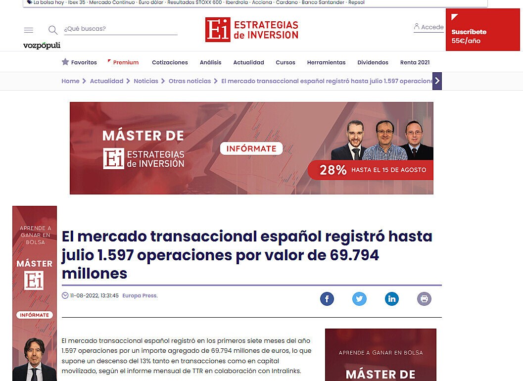 El mercado transaccional espaol registr hasta julio 1.597 operaciones por valor de 69.794 millones